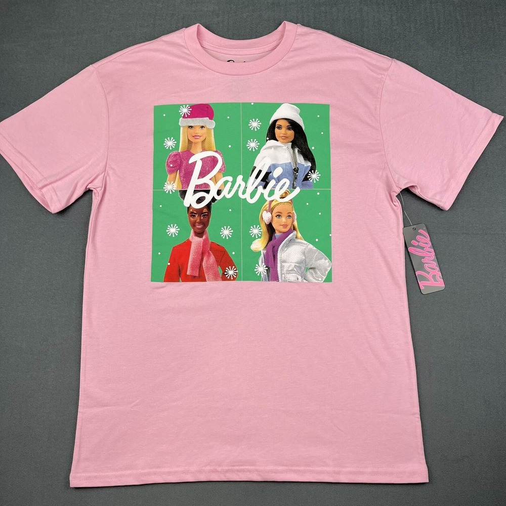 Barbie Graphic Tee Women L Pink Christmas Snowflakes Holiday Winter Core Top